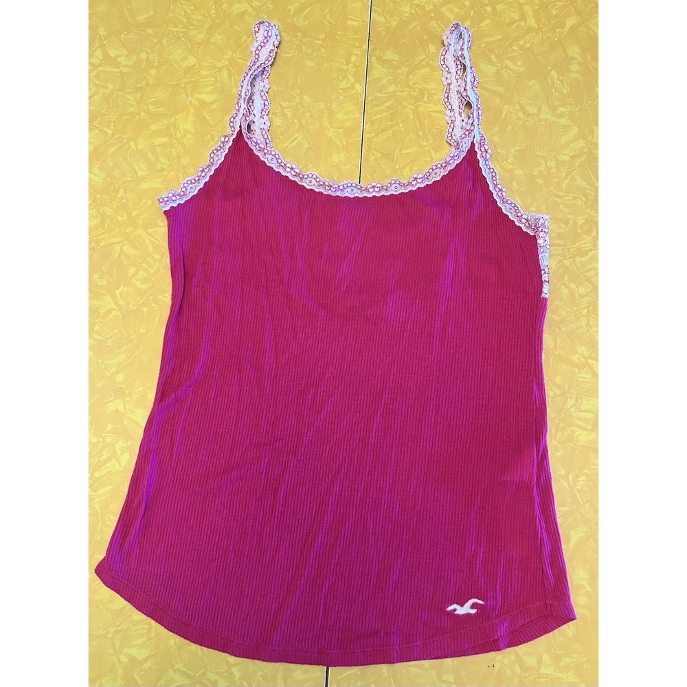 VTG Y2K Hollister Cami M Pink White Lace Trim 2000s